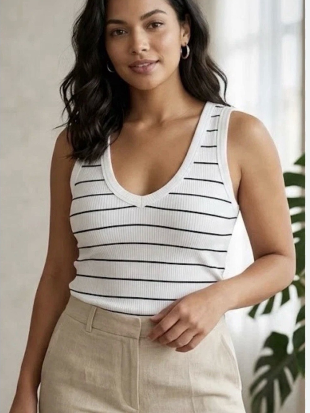 a new day White and Black Striped V-Neck Ribbed Tank